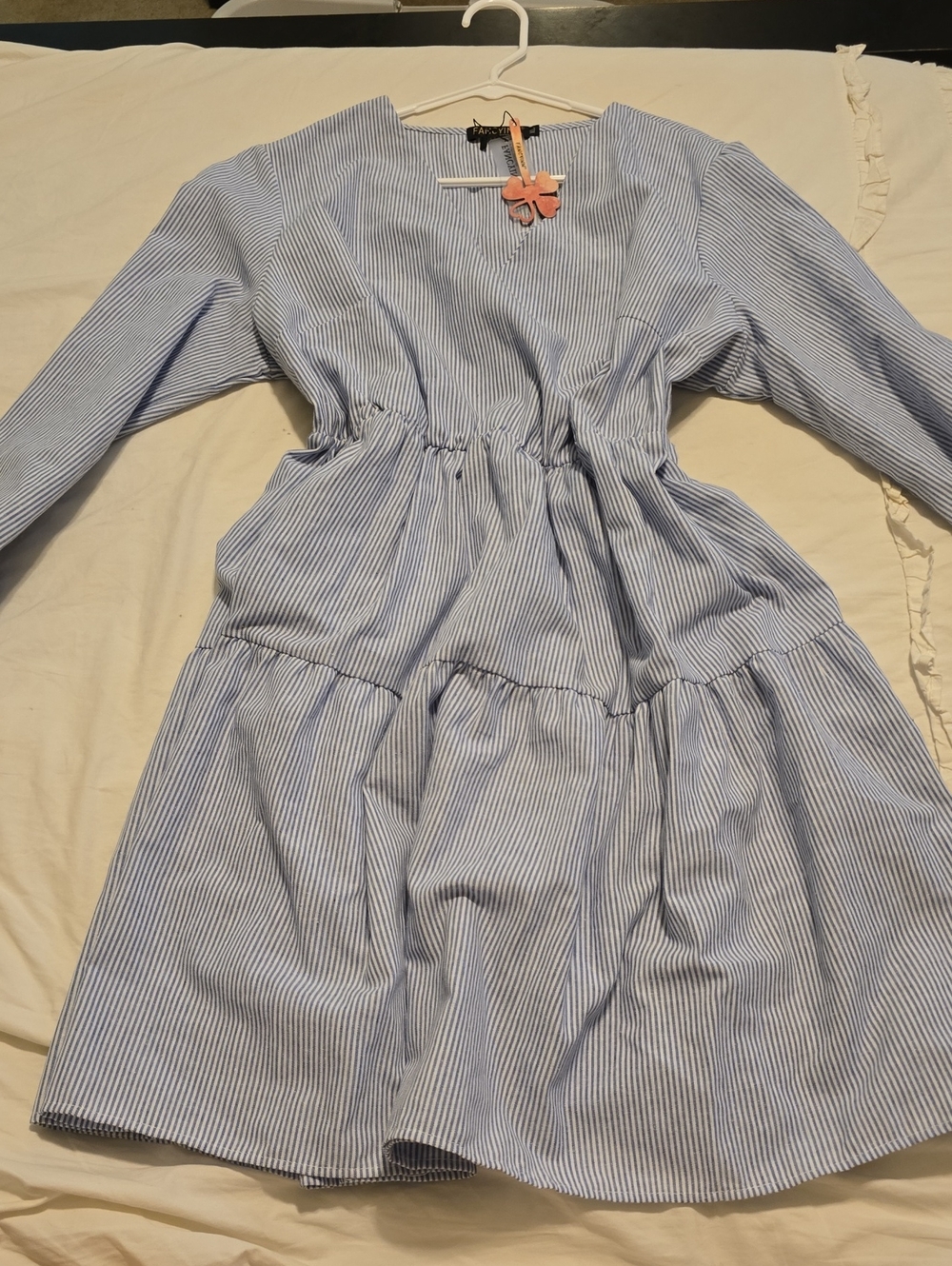 Fancyinn Light Blue & White Pinstripe Tiered Dress